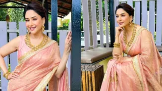 Madhuri Dixit Stuns in Peach Saree