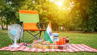 Foldable chairs, fans, and flags are available.